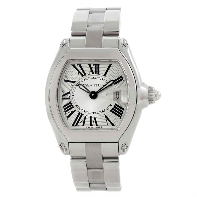 The Cartier Roadster W62016V3 Women's Stainless Steel Silver Dial W62016V3 Women's Stainless Steel Silver Dial watch is shown from a direct frontal angle, displaying the face, dial, and bracelet.
