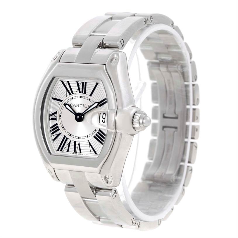 This image shows a Cartier Roadster W62016V3 Women
s Stainless Steel Silver Dial W62016V3 Women
s Stainless Steel Silver Dial watch, angled to display the face, crown, and part of the bracelet.
