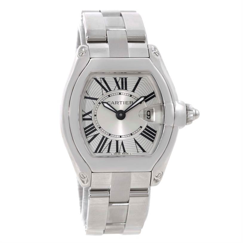 The image shows a front view of a Cartier Roadster W62016V3 Women
s Stainless Steel Silver Dial W62016V3 Women
s Stainless Steel Silver Dial watch, highlighting the dial, case, and metal bracelet.