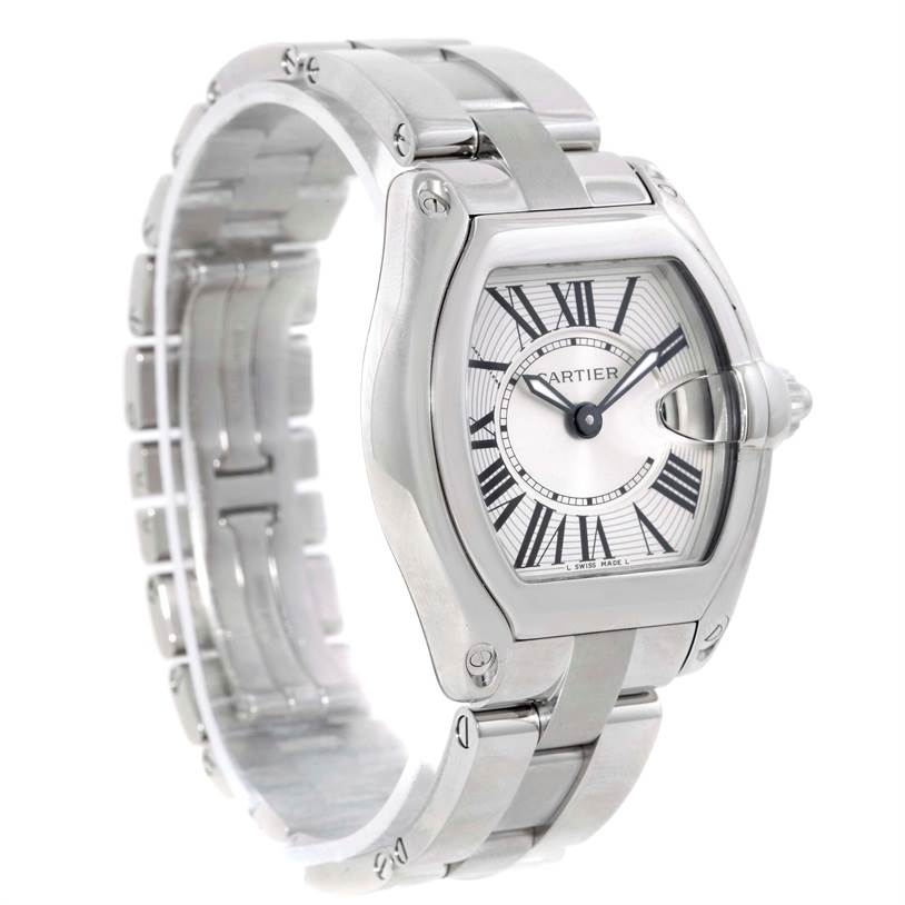 The image shows a Cartier Roadster W62016V3 Women
s Stainless Steel Silver Dial W62016V3 Women
s Stainless Steel Silver Dial watch angled from the front left, displaying the face, bezel, and bracelet.