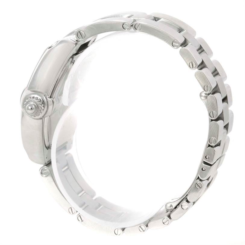 The image shows a side view of a Cartier Roadster W62016V3 Women
s Stainless Steel Silver Dial W62016V3 Women
s Stainless Steel Silver Dial watch, highlighting its stainless steel case, bracelet, and crown.