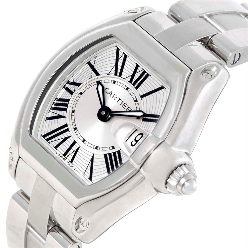 The image shows a close-up angle of the Cartier Roadster W62016V3 Women
s Stainless Steel Silver Dial W62016V3 Women
s Stainless Steel Silver Dial watch focusing on the face, crown, and part of the bracelet.