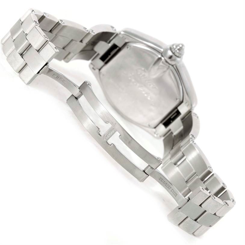 The image shows the back and partially open stainless steel bracelet of a Cartier Roadster W62016V3 Women
s Stainless Steel Silver Dial W62016V3 Women
s Stainless Steel Silver Dial watch, focusing on the clasp and links.