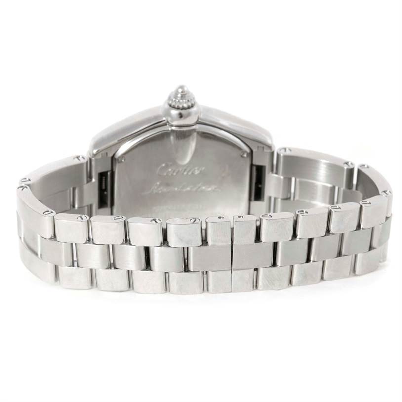 This image shows the back and bracelet of a Cartier Roadster W62016V3 Women
s Stainless Steel Silver Dial W62016V3 Women
s Stainless Steel Silver Dial watch from a rear angle.