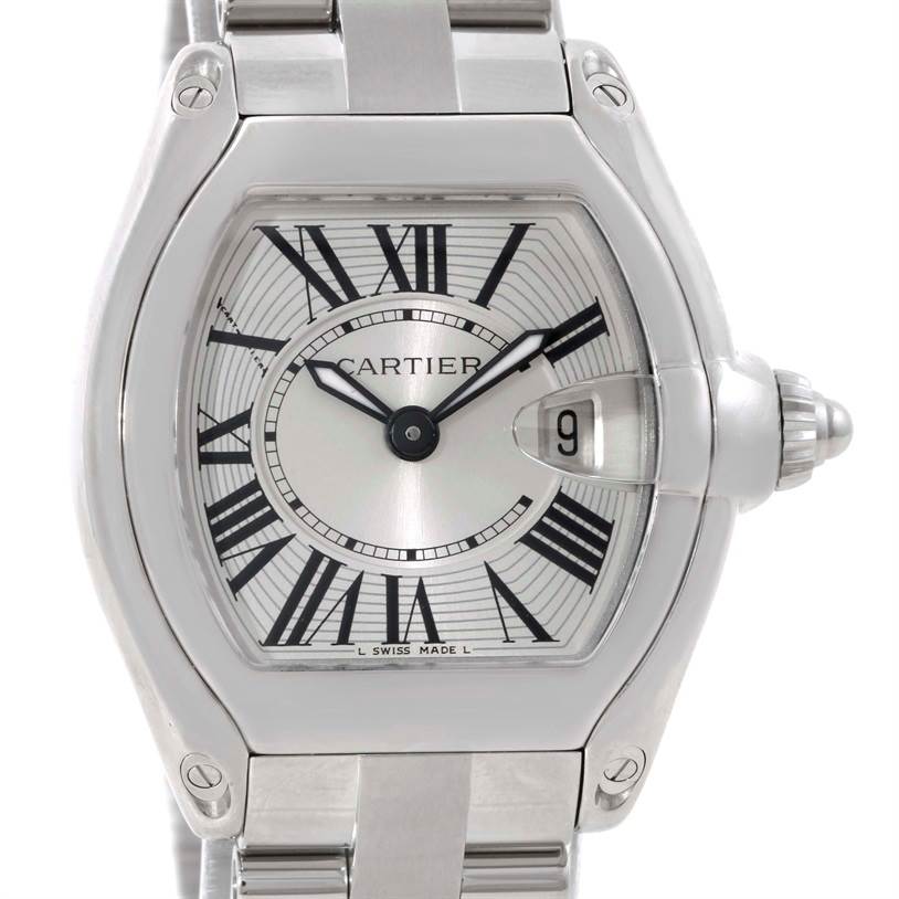 The image shows a front view of the Cartier Roadster W62016V3 Women
s Stainless Steel Silver Dial W62016V3 Women
s Stainless Steel Silver Dial watch, displaying its dial, hands, bezel, and part of the bracelet.