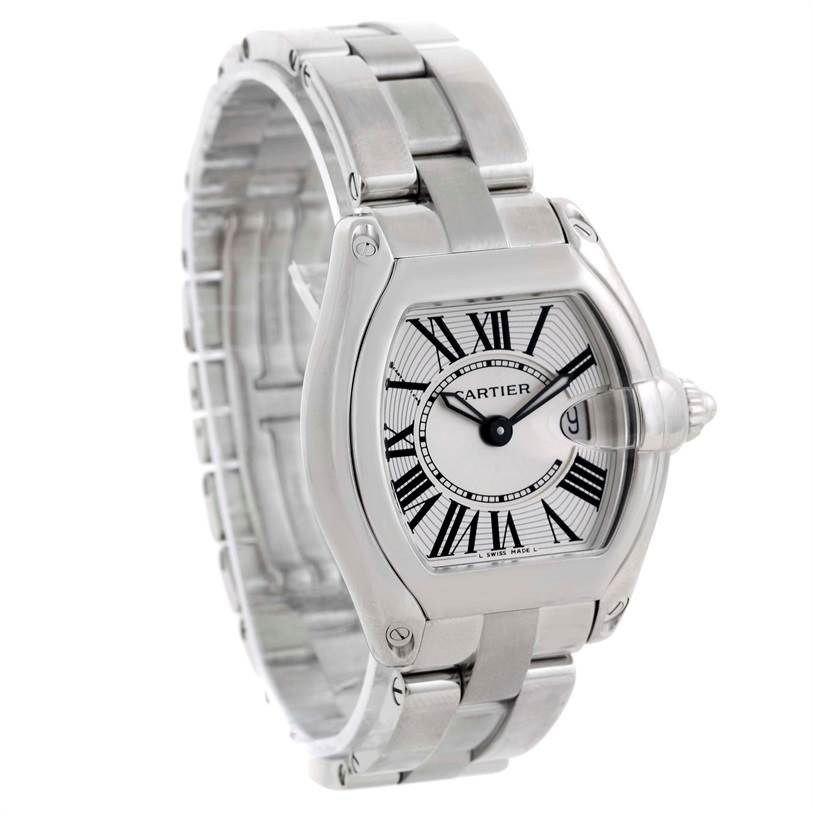 The image shows a Cartier Roadster W62016V3 Women
s Stainless Steel Silver Dial W62016V3 Women
s Stainless Steel Silver Dial watch from a front-left angle, displaying its face, bracelet, and crown.