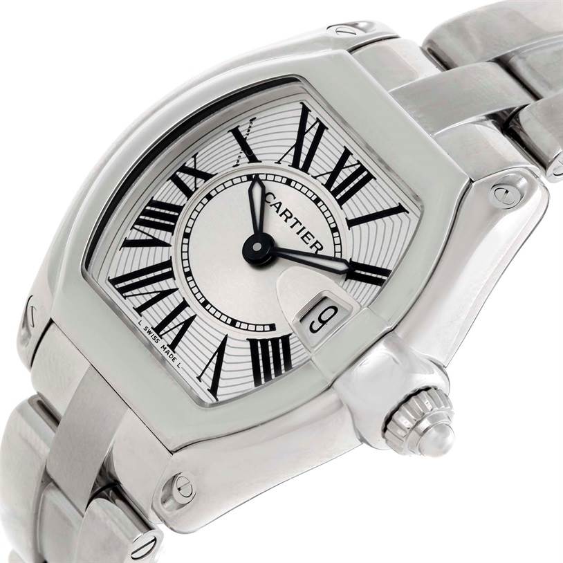 This image shows a close-up angle of the Cartier Roadster W62016V3 Women
s Stainless Steel Silver Dial W62016V3 Women
s Stainless Steel Silver Dial watch, highlighting the face, bezel, and part of the metal bracelet.