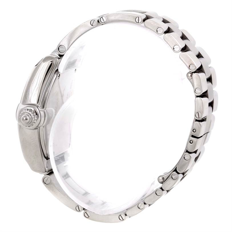 This image shows a side view of the Cartier Roadster W62016V3 Women
s Stainless Steel Silver Dial W62016V3 Women
s Stainless Steel Silver Dial watch, focusing on its bracelet and crown.