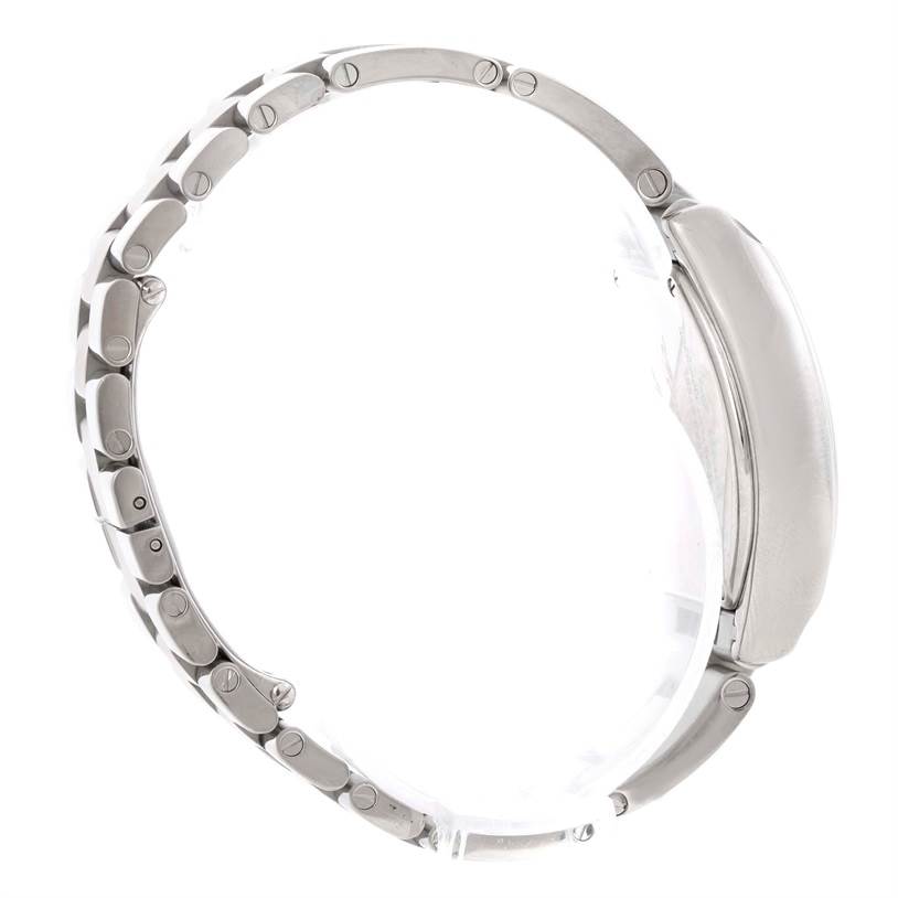 Side view of the Cartier Roadster W62016V3 Women
s Stainless Steel Silver Dial W62016V3 Women
s Stainless Steel Silver Dial watch, showcasing part of the bracelet and the case
s side profile.