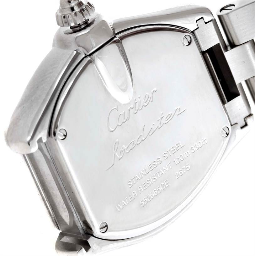 The image shows the back case of the Cartier Roadster W62016V3 Women
s Stainless Steel Silver Dial W62016V3 Women
s Stainless Steel Silver Dial wristwatch, including the clasp and case markings.