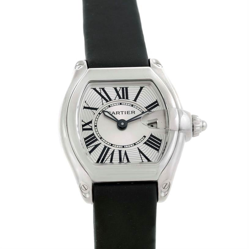 This image shows a top-down view of a Cartier Roadster W62016V3 Women
s Stainless Steel Silver Dial W62016V3 Women
s Stainless Steel Silver Dial watch featuring its dial, strap, and crown.