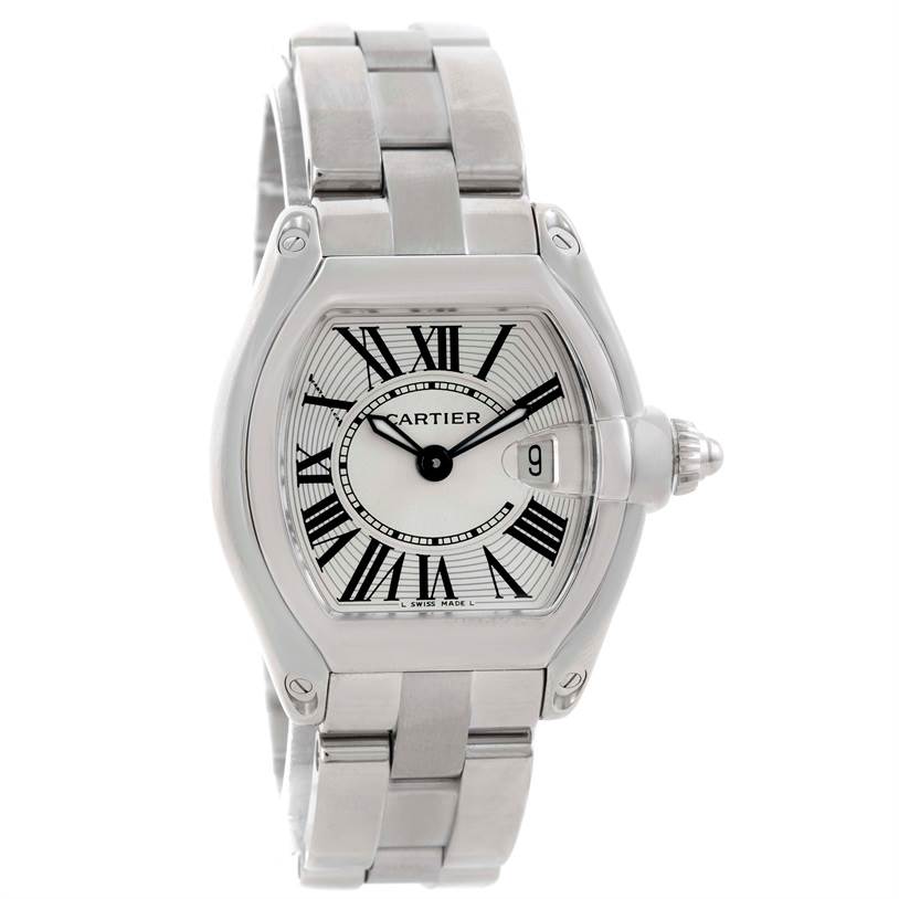 The image shows a Cartier Roadster W62016V3 Women
s Stainless Steel Silver Dial W62016V3 Women
s Stainless Steel Silver Dial watch from a front angle, displaying its face, bezel, band, and crown.