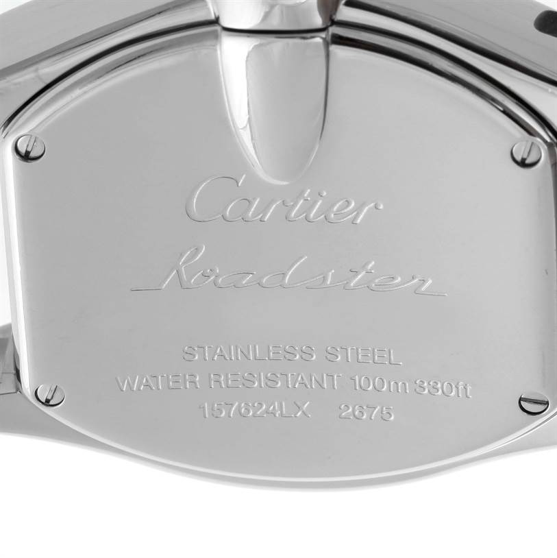 This is a detailed view of the back plate of a Cartier Roadster W62026Y4 Women's Steel and Gold (two tone) Silver Dial W62026Y4 Women's Steel and Gold (two tone) Silver Dial watch, showcasing engravings and water resistance information.