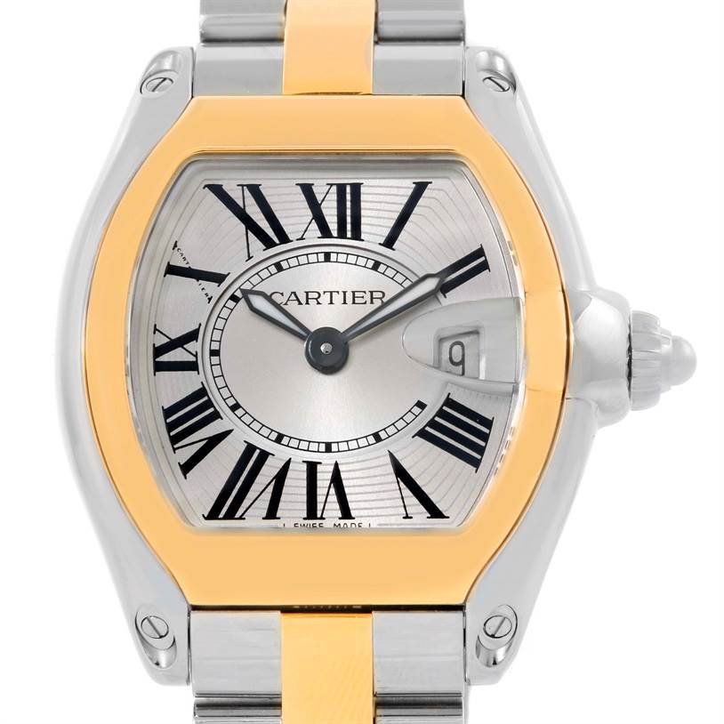The image shows a front view of the Cartier Roadster W62026Y4 Women's Steel and Gold (two tone) Silver Dial W62026Y4 Women's Steel and Gold (two tone) Silver Dial watch, focusing on the dial, bezel, and part of the bracelet.