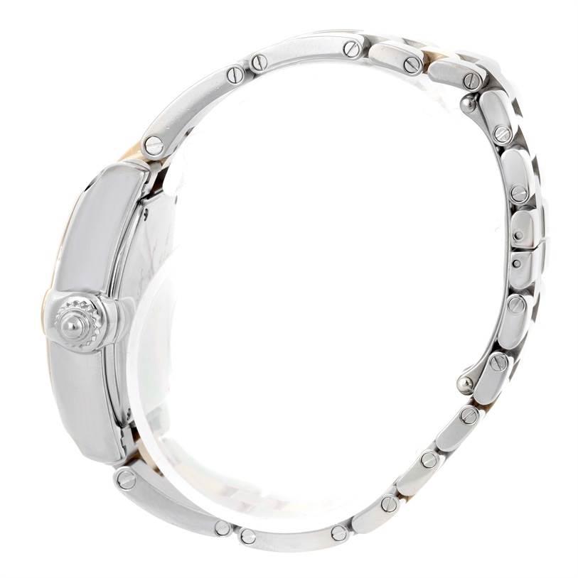 The image shows a side profile of a Cartier Roadster W62026Y4 Women's Steel and Gold (two tone) Silver Dial W62026Y4 Women's Steel and Gold (two tone) Silver Dial watch, highlighting its case and bracelet.