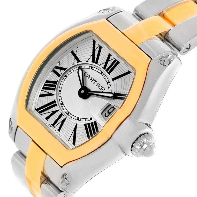 The Cartier Roadster W62026Y4 Women's Steel and Gold (two tone) Silver Dial W62026Y4 Women's Steel and Gold (two tone) Silver Dial watch is shown at an angle, displaying the dial, crown, part of the bracelet, and case.