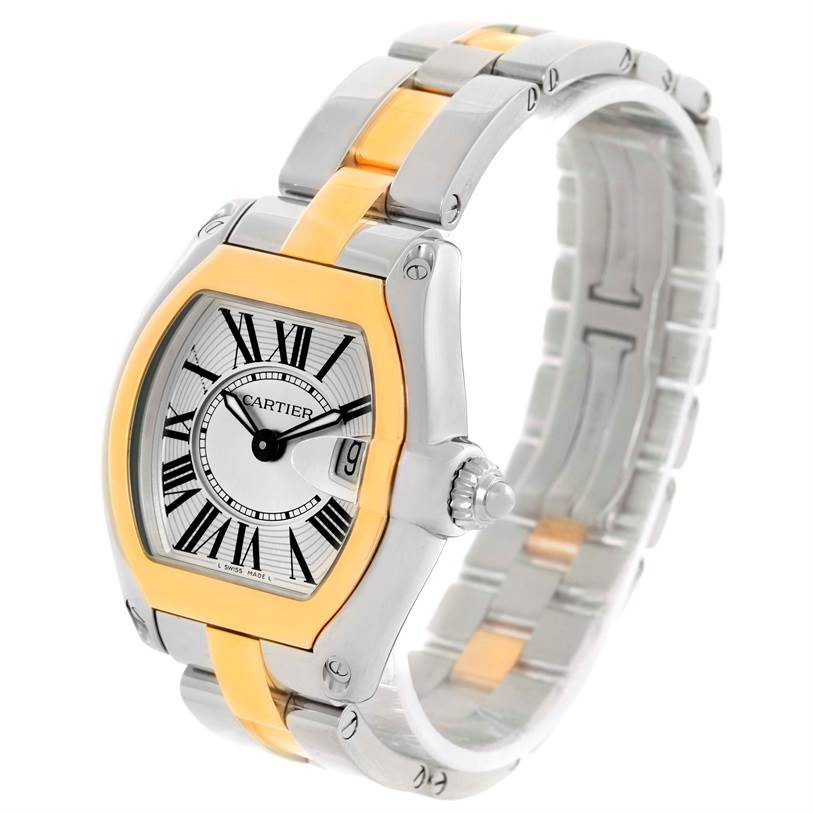 The image shows a Cartier Roadster W62026Y4 Women's Steel and Gold (two tone) Silver Dial W62026Y4 Women's Steel and Gold (two tone) Silver Dial watch at a three-quarter angle, highlighting the dial, bezel, crown, and bracelet.
