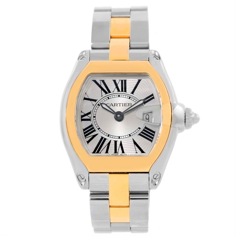 The Cartier Roadster W62026Y4 Women's Steel and Gold (two tone) Silver Dial W62026Y4 Women's Steel and Gold (two tone) Silver Dial watch is shown from a front angle, highlighting its face and dual-tone metal bracelet.