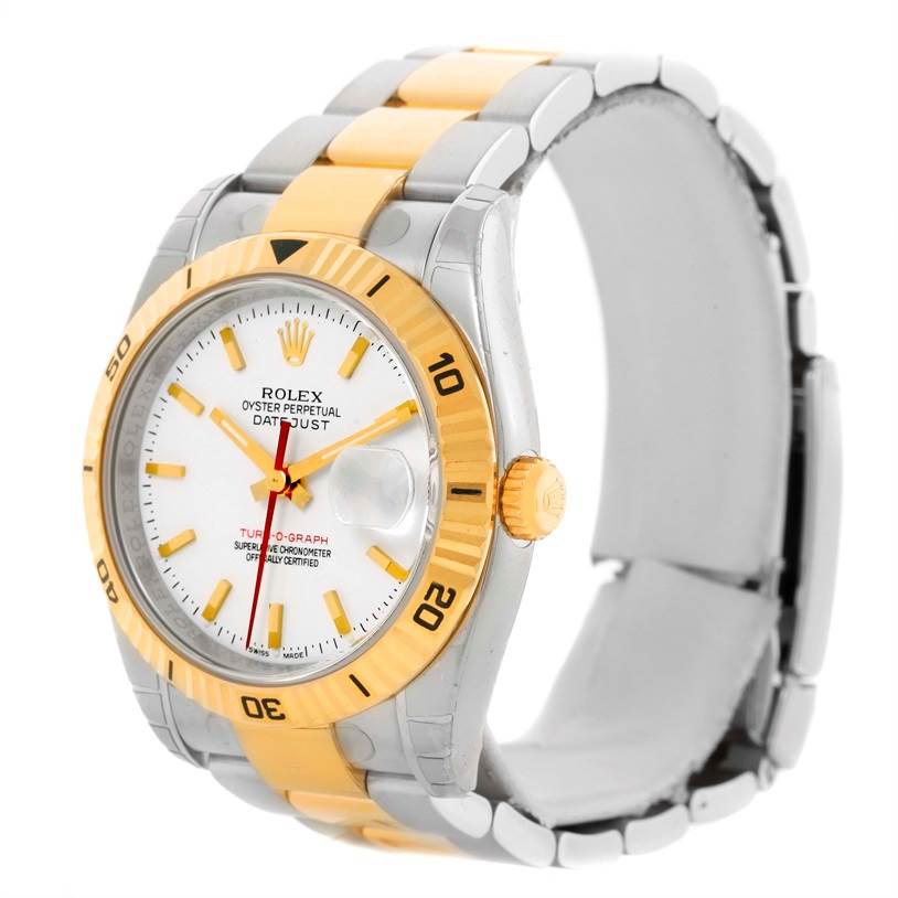 The image shows a Rolex Turn-o-Graph 116263 Men's Steel and Gold (two tone) White Dial 116263 Men's Steel and Gold (two tone) White Dial watch from a three-quarter angle, displaying the face, bezel, crown, and part of the bracelet.