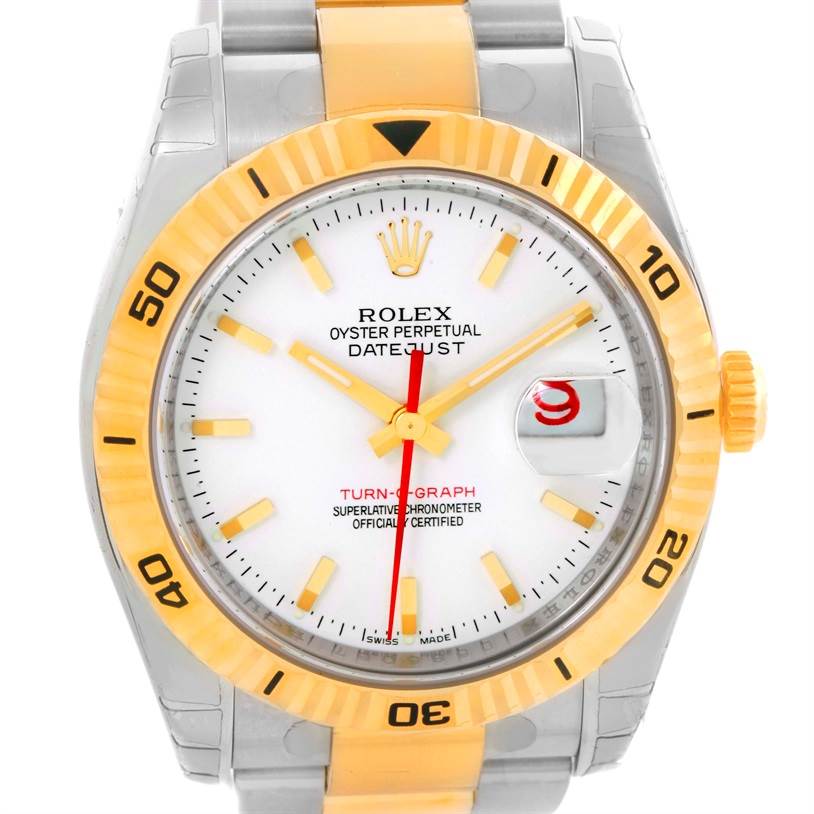 This image shows a front view of a Rolex Turn-o-Graph 116263 Men's Steel and Gold (two tone) White Dial 116263 Men's Steel and Gold (two tone) White Dial watch, highlighting the dial, bezel, and date magnifier.