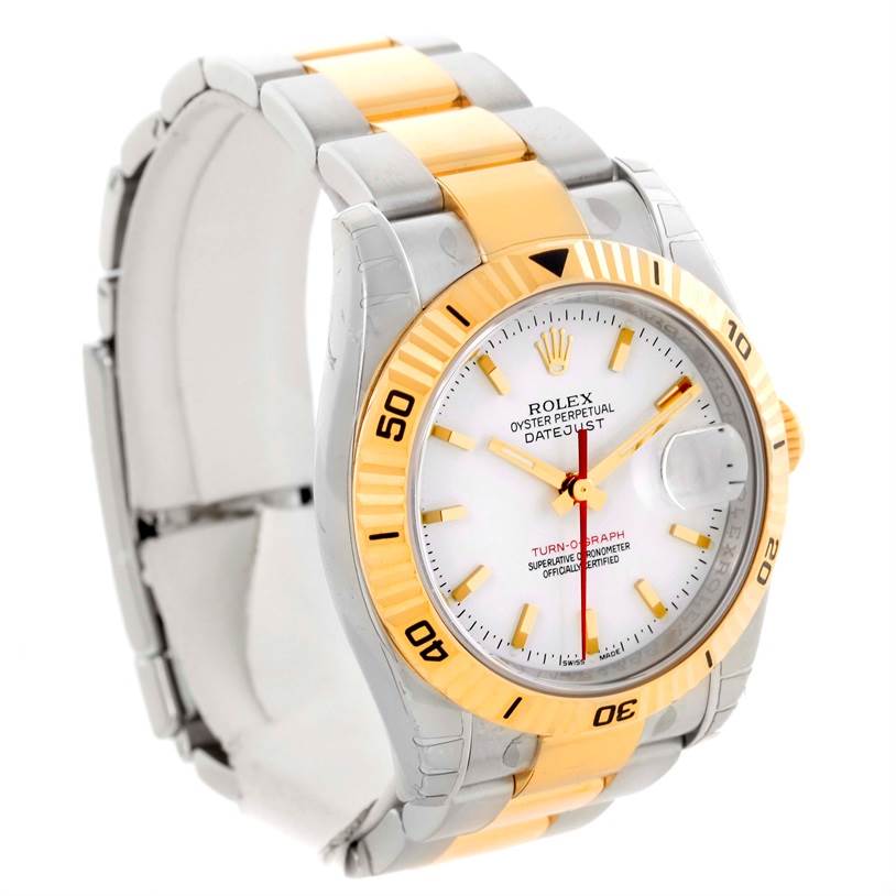 This Rolex Turn-o-Graph 116263 Men's Steel and Gold (two tone) White Dial 116263 Men's Steel and Gold (two tone) White Dial watch is shown at an oblique angle, highlighting its gold bezel, white dial, and two-tone bracelet.