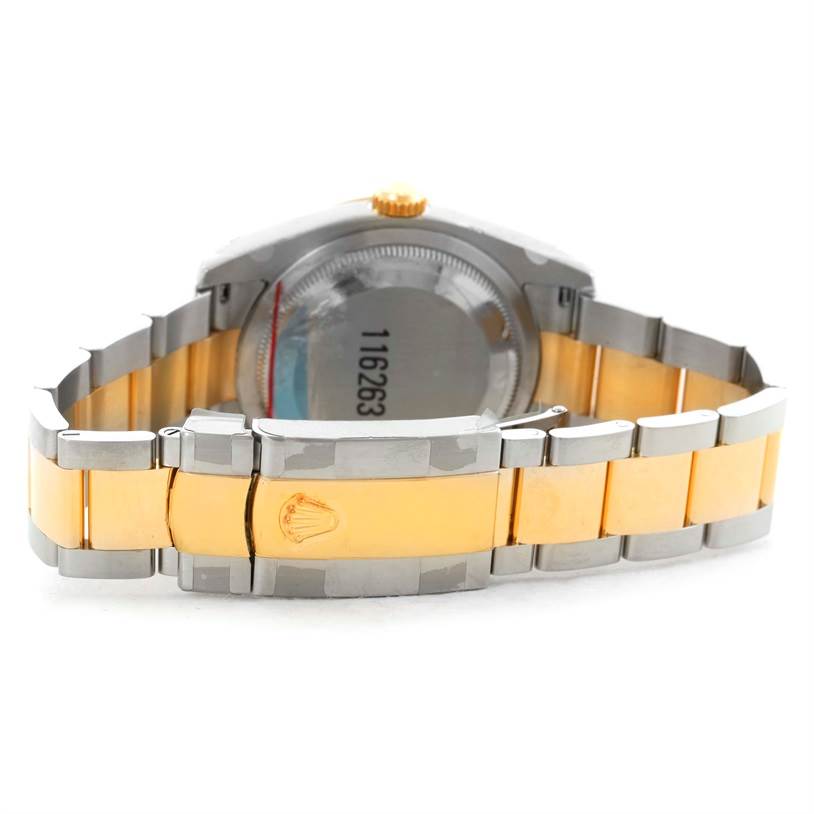 This image shows the back and bracelet of a Rolex Turn-o-Graph 116263 Men's Steel and Gold (two tone) White Dial 116263 Men's Steel and Gold (two tone) White Dial, highlighting its two-tone metal design.