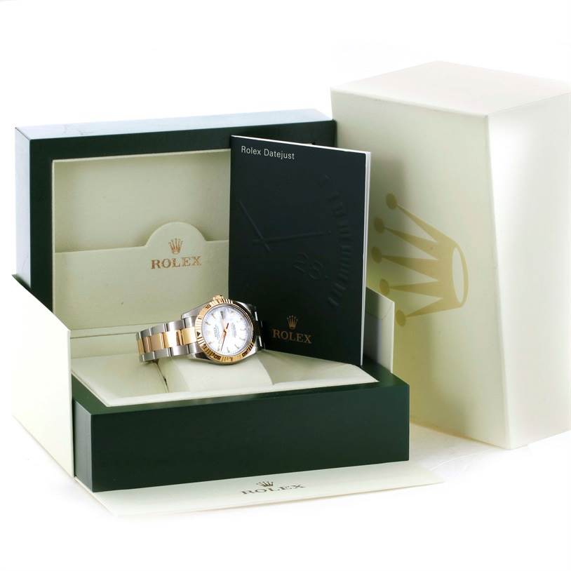 This image shows the Rolex Turn-o-Graph 116263 Men's Steel and Gold (two tone) White Dial 116263 Men's Steel and Gold (two tone) White Dial watch and its accessories, including the box, booklet, and cushion from a front angle.