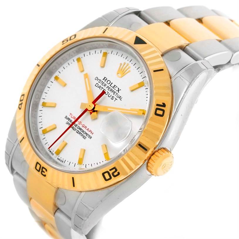 The image shows a Rolex Turn-o-Graph 116263 Men's Steel and Gold (two tone) White Dial 116263 Men's Steel and Gold (two tone) White Dial watch angled to highlight its gold bezel, white dial, and two-tone bracelet.