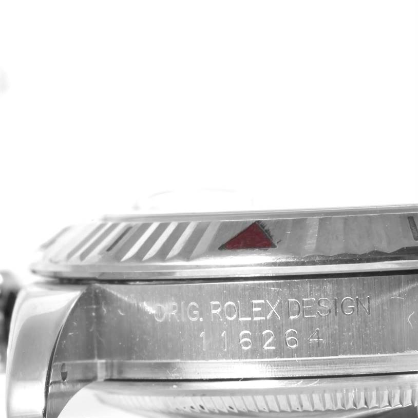 The image shows a close-up side view of a Rolex Turn-o-Graph 116264 Men's Stainless Steel White Dial 116264 Men's Stainless Steel White Dial watch with parts of its bezel and the case engraved with "ORIG. ROLEX DESIGN 116264".