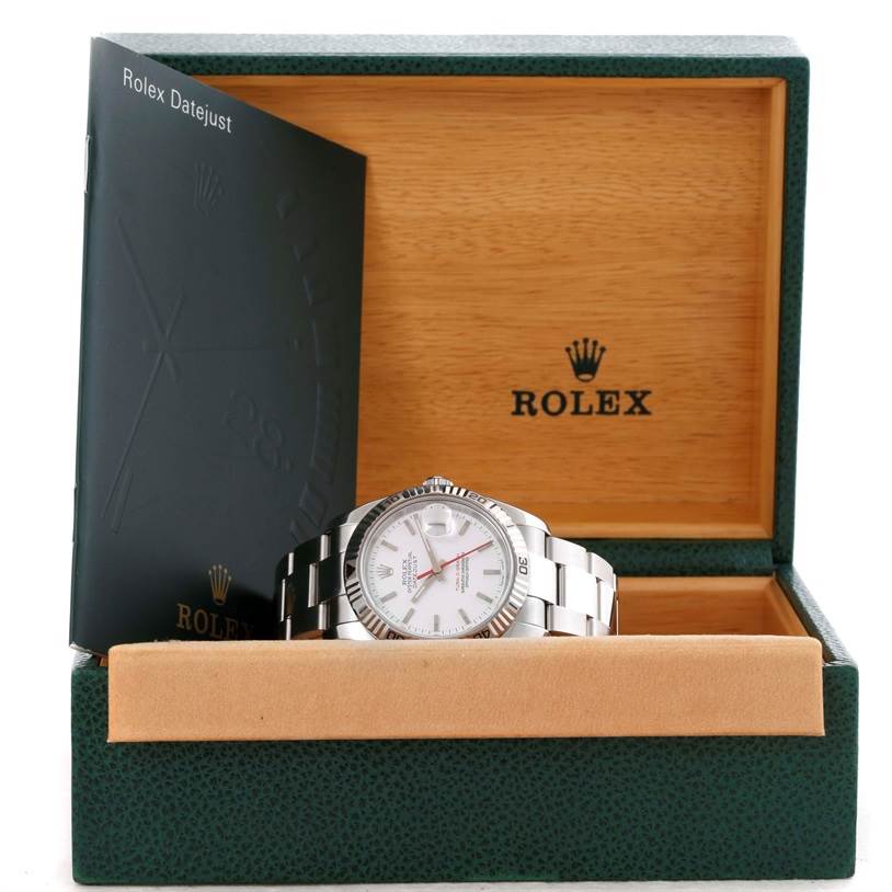 The image shows the Rolex Turn-o-Graph 116264 Men's Stainless Steel White Dial 116264 Men's Stainless Steel White Dial watch in its box, along with a manual angled to the left inside the packaging.