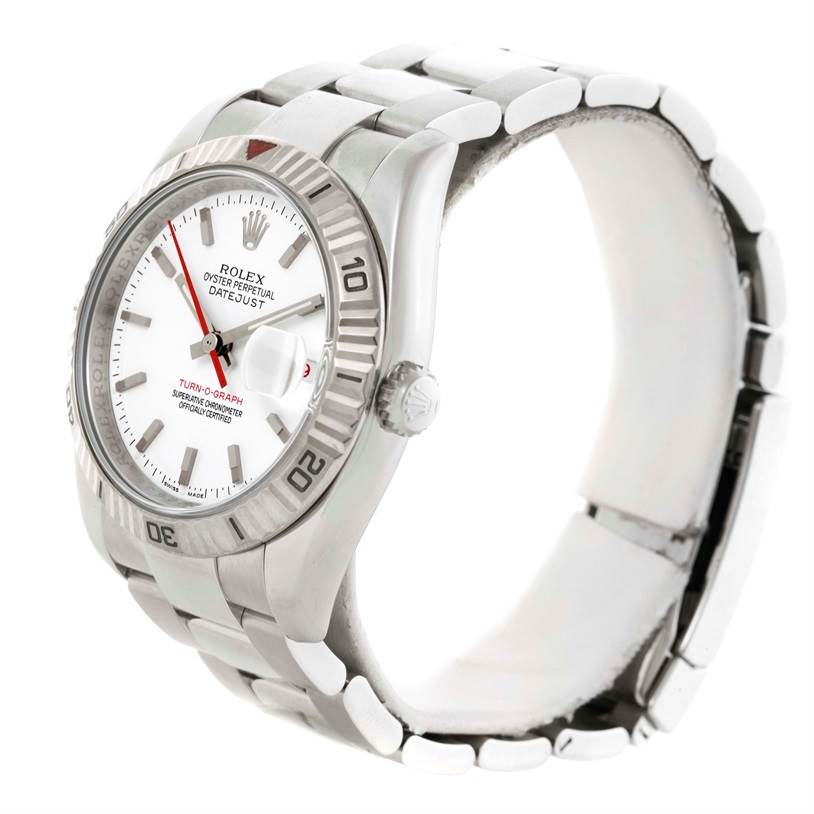 The image shows a Rolex Turn-o-Graph 116264 Men's Stainless Steel White Dial 116264 Men's Stainless Steel White Dial watch at a slight angle, highlighting the bezel, dial, crown, and part of the bracelet.