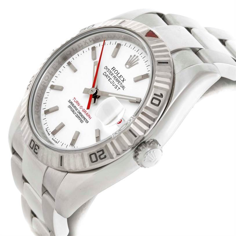 The image shows a Rolex Turn-o-Graph 116264 Men's Stainless Steel White Dial 116264 Men's Stainless Steel White Dial watch, angled to display the dial, bezel, crown, and part of the bracelet.