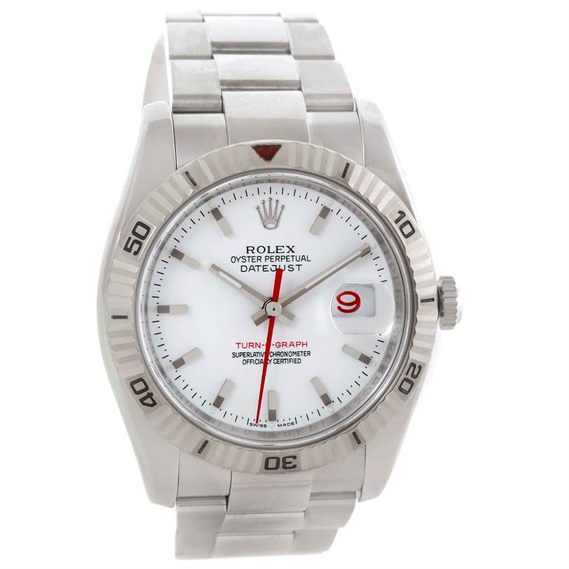 The image shows a front view of the dial, bezel, and bracelet of a Rolex Turn-o-Graph 116264 Men's Stainless Steel White Dial 116264 Men's Stainless Steel White Dial watch.
