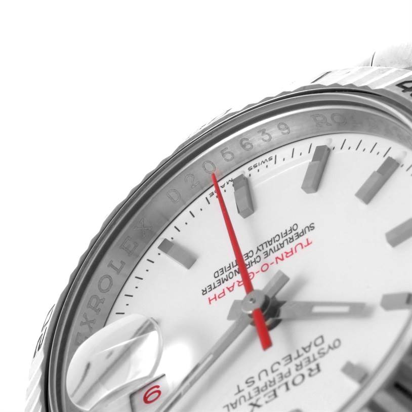 The image shows a close-up angle of the dial, hands, and partial bezel of the Rolex Turn-o-Graph 116264 Men's Stainless Steel White Dial 116264 Men's Stainless Steel White Dial watch.
