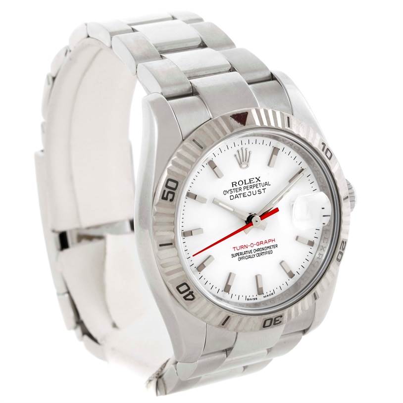 The image shows a Rolex Turn-o-Graph 116264 Men's Stainless Steel White Dial 116264 Men's Stainless Steel White Dial model watch from a front-left angle, highlighting the dial, bezel, and bracelet.