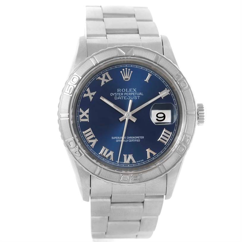 The image shows a Rolex Turn-o-Graph 16264 Men's Stainless Steel Blue Dial 16264 Men's Stainless Steel Blue Dial model watch from a frontal angle, highlighting its face, bezel, and bracelet.