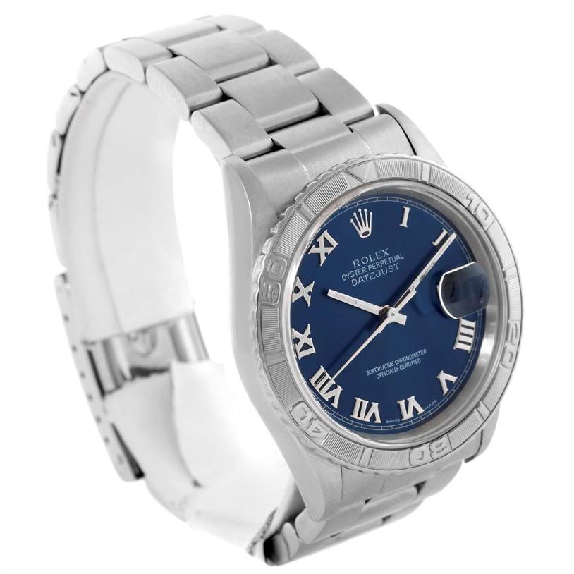 The Rolex Turn-o-Graph 16264 Men's Stainless Steel Blue Dial 16264 Men's Stainless Steel Blue Dial watch is shown from an angled side view, highlighting the dial, bezel, and metal bracelet.