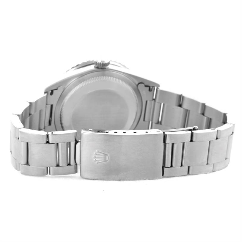 The image shows the back view of a Rolex Turn-o-Graph 16264 Men
s Stainless Steel White Dial 16264 Men
s Stainless Steel White Dial watch, focusing on the case back and stainless steel bracelet with the clasp.