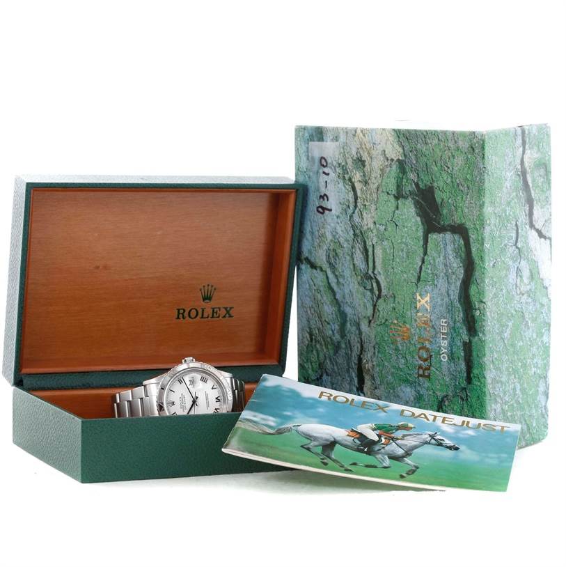 The image shows a Rolex Turn-o-Graph 16264 Men
s Stainless Steel White Dial 16264 Men
s Stainless Steel White Dial watch in its open box, with the outer box and a booklet displayed in front.