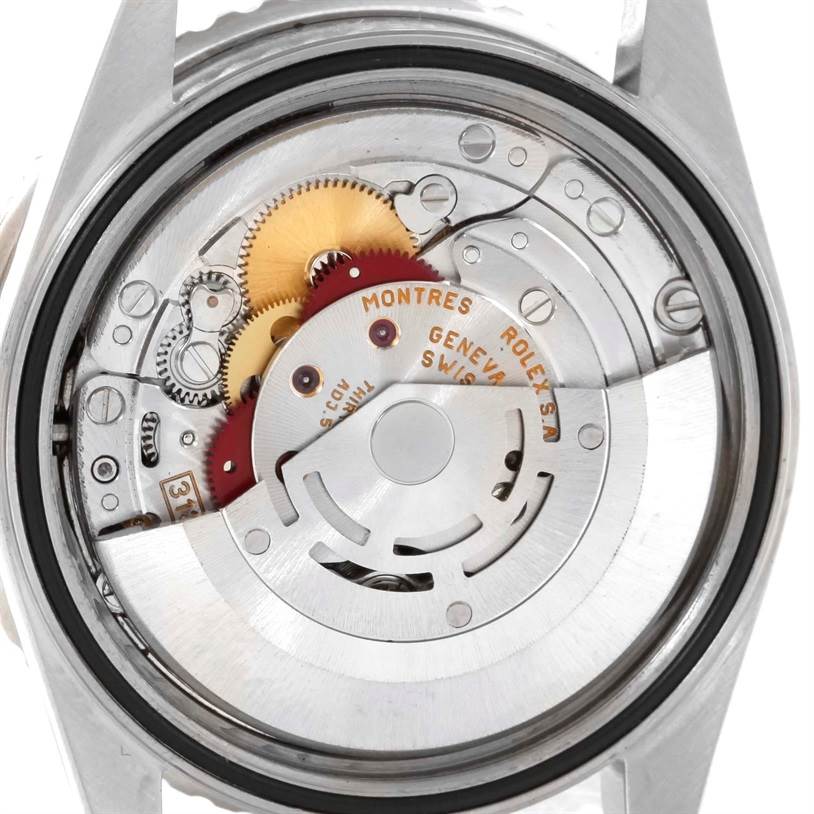 This image shows the back view of a Rolex Turn-o-Graph 16264 Men
s Stainless Steel White Dial 16264 Men
s Stainless Steel White Dial watch, displaying its intricate internal movement and gears.