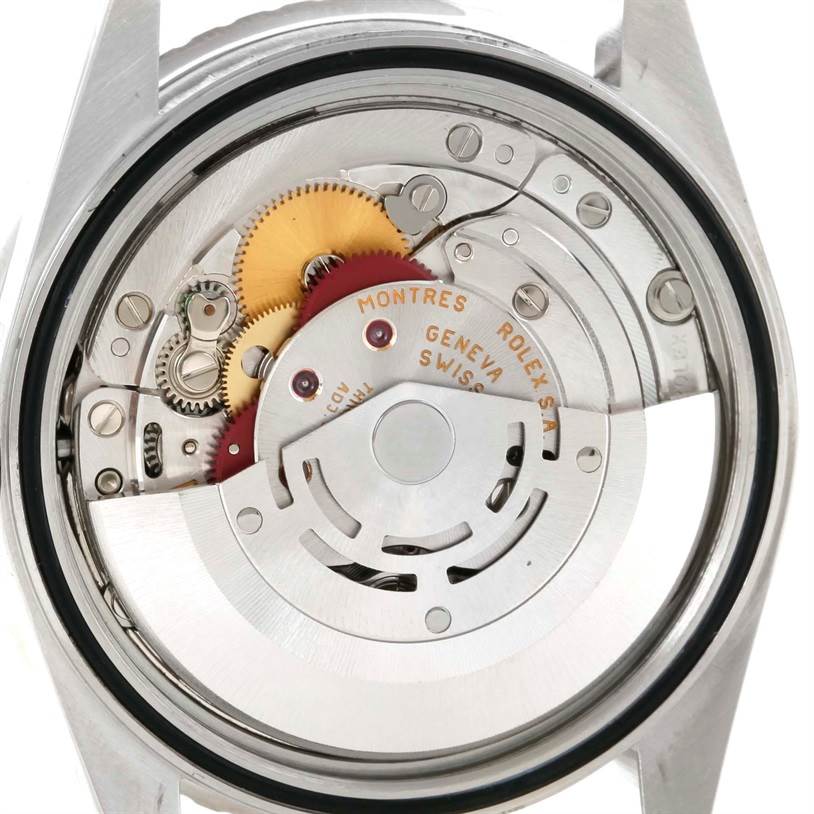 This image shows the back view of the Rolex Turn-o-Graph 16264 Men's Stainless Steel Black Dial 16264 Men's Stainless Steel Black Dial model, revealing its internal mechanical movement parts.