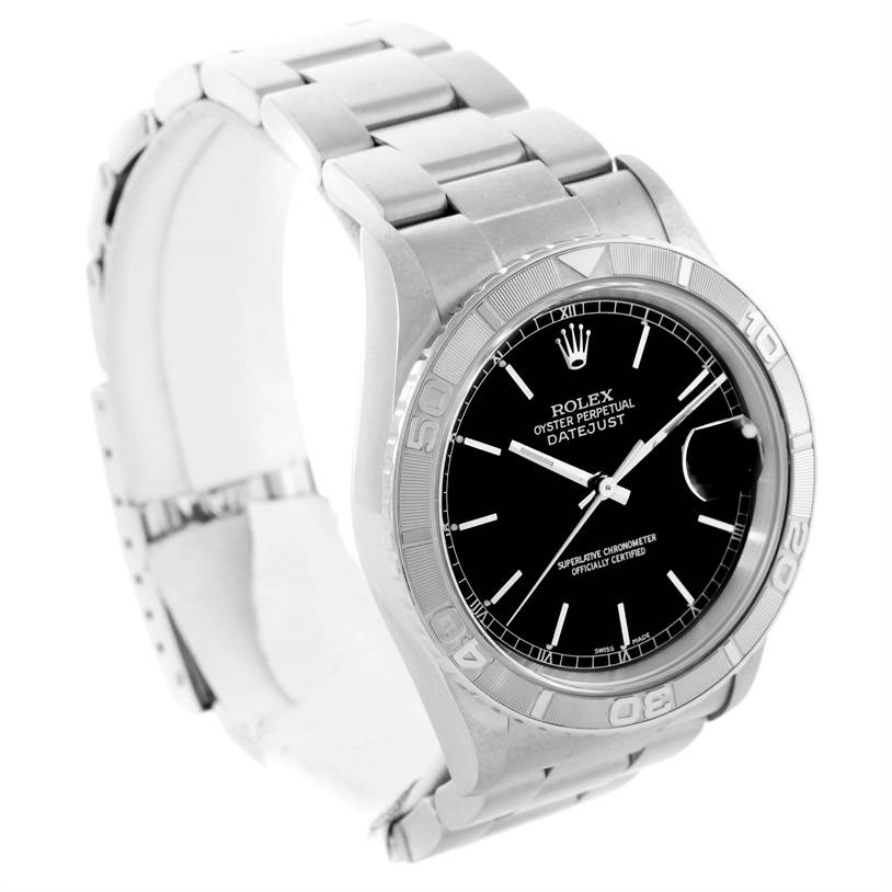 The image shows a Rolex Turn-o-Graph 16264 Men's Stainless Steel Black Dial 16264 Men's Stainless Steel Black Dial model from a three-quarter angle, highlighting the watch's bracelet, black dial, and bezel.