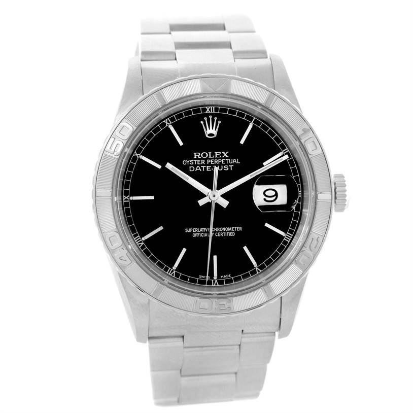 The Rolex Turn-o-Graph 16264 Men's Stainless Steel Black Dial 16264 Men's Stainless Steel Black Dial watch is shown from a top-down angle, displaying the face, bezel, and bracelet.