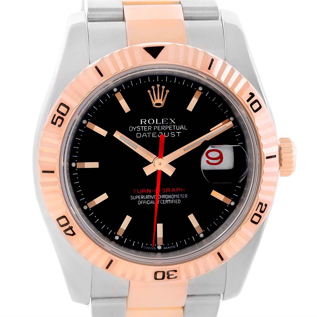 This image shows a close-up front view of the Rolex Turn-o-Graph 116261 Men's Stainless Steel Black Dial 116261 Men's Stainless Steel Black Dial watch, highlighting its black dial, bezel, and bracelet.