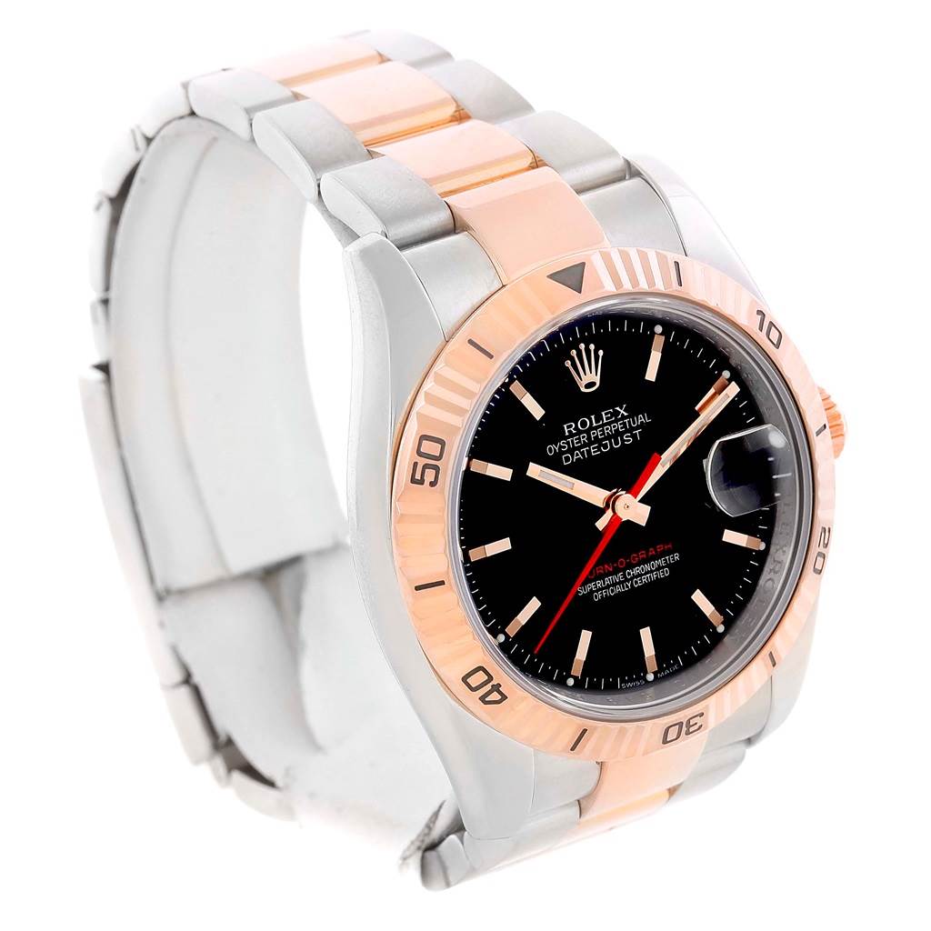 The Rolex Turn-o-Graph 116261 Men's Stainless Steel Black Dial 116261 Men's Stainless Steel Black Dial watch is shown at an angled side view, displaying the bezel, dial, bracelet, and part of the clasp.