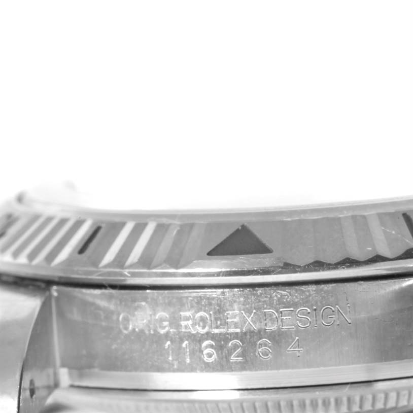 The image shows a close-up side angle of the bezel and case edge of a Rolex Turn-o-Graph 116264 Men
s Stainless Steel White Dial 116264 Men
s Stainless Steel White Dial model watch.