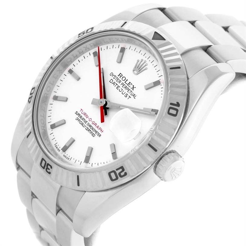 The image shows a Rolex Turn-o-Graph 116264 Men
s Stainless Steel White Dial 116264 Men
s Stainless Steel White Dial watch at a slight angle, highlighting its dial, bezel, crown, and bracelet.