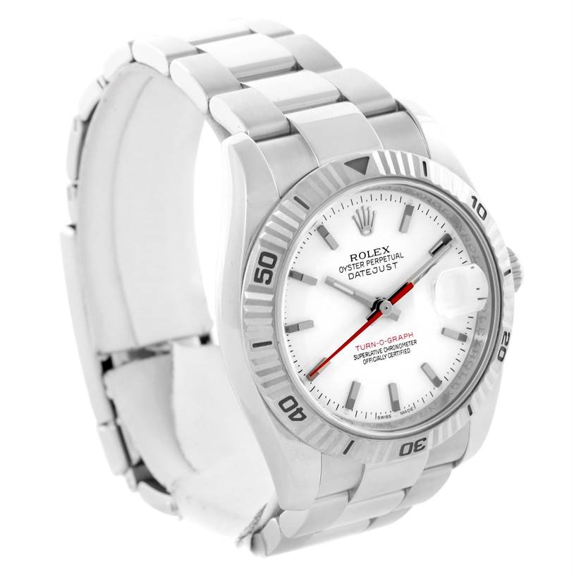 This image shows the Rolex Turn-o-Graph 116264 Men
s Stainless Steel White Dial 116264 Men
s Stainless Steel White Dial watch at a 3/4 angle, highlighting its face, bezel, and bracelet.