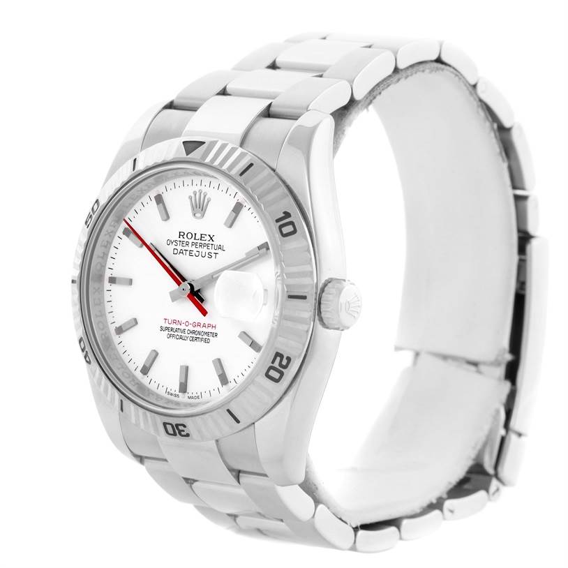 The Rolex Turn-o-Graph 116264 Men
s Stainless Steel White Dial 116264 Men
s Stainless Steel White Dial watch is shown from a three-quarter angle, highlighting the face, bezel, crown, and bracelet.