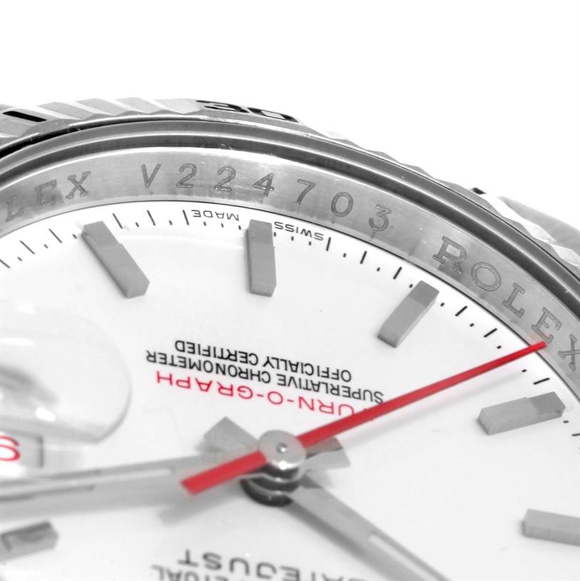 This close-up angle shows the dial and bezel of the Rolex Turn-o-Graph 116264 Men
s Stainless Steel White Dial 116264 Men
s Stainless Steel White Dial, highlighting the indices and parts of the writing.